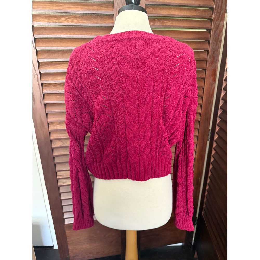 Magenta Chenille Cable Knit Cropped Sweater Pointelle Berry Pink Long Sleeve L - Picture 3 of 7